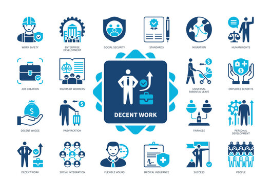 Decent Work icon set. Work Safety, Standards, Paid Vacation, Fairness, People, Migration, Decent Wages, Employee Benefits. Duotone color solid icons