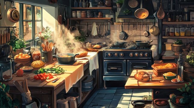 An intricate illustration of a kitchen in the middle of a cooking session, with various ingredients laid out, a chef in action, and the inviting aroma of home-cooked food 