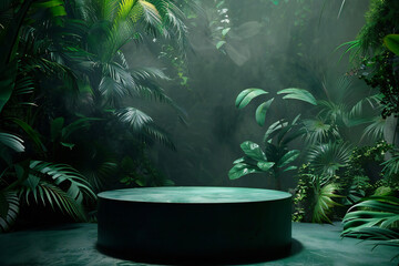 Lush vegetation jungle background with green pedestal and tropical leaves in botanical scene
