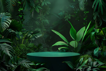 Lush vegetation jungle background with green pedestal and tropical leaves in botanical scene