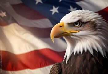 A bald eagle with a fierce expression perched in front of an American flag, symbolizing American patriotism and national pride