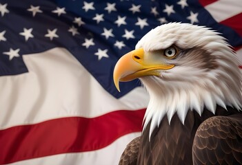A bald eagle with a fierce expression perched in front of an American flag, symbolizing American patriotism and national pride