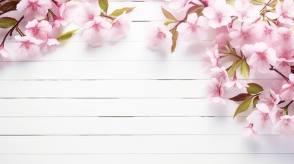 Spring cherry blossom background with wooden board