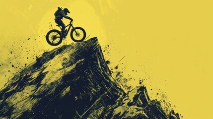 Mountain Biker Silhouette on Yellow Background.
