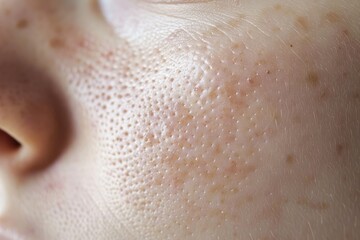 Fototapeta premium Detailed close up of a womans face showing freckles scattered across her skin in fine pores, Fine pores scattered evenly across the skin