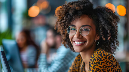 Young Smiling African American Businesswoman Working on Computer in Diverse Office Environment with Co-workers, Happy and Productive Workspace, Daytime Professional Setting