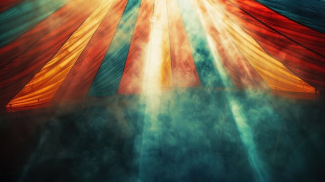 29. Insulated Tent, movie style, colors full, stripes pattern, low angle, bright light, smoke, vignetting,