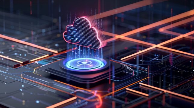 Futuristic cloud computing concept with digital data flow on electronic circuit board. High-tech data storage and processing visualization.