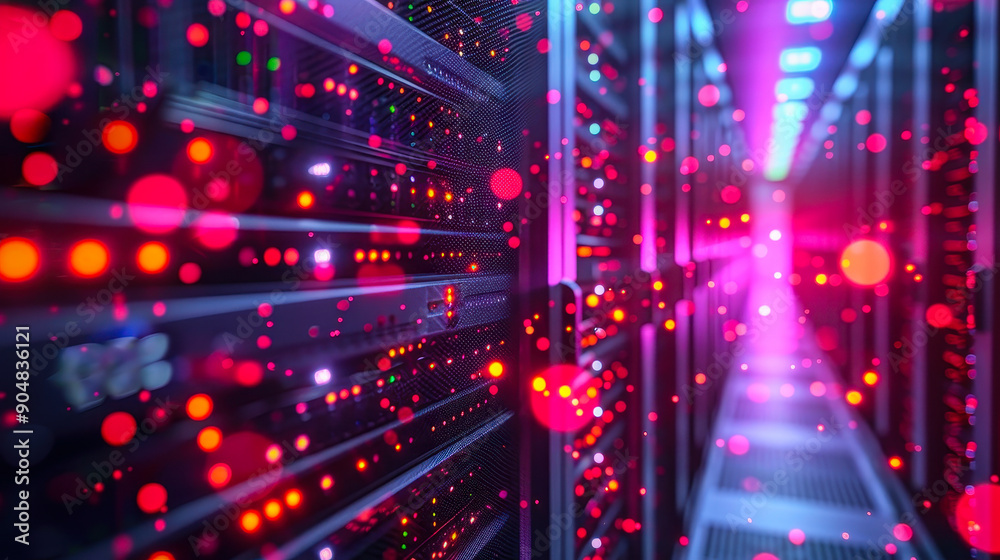 Poster high-tech data center servers connected via fiber optic cables, cloud computing infrastructure with 