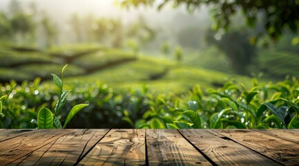 Obraz premium Experience the breathtaking views of a scenic tea plantation featuring a charming wooden tabletop