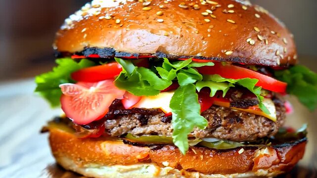 Juicy cheeseburger with fresh vegetables on sesame bun