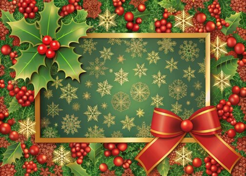 Vibrant red and green holly patterned Christmas card with a blank rectangular space for a custom photo, adorned with snowflakes and festive golden ribbon accents.