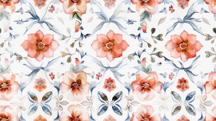 Fototapeta premium The seamless pattern features a mix of floral and geometric designs in a watercolor style.