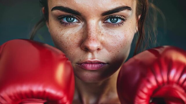 Close-up portrait of determined female boxer with red gloves