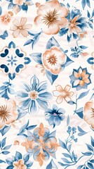 The seamless pattern features a mix of floral and geometric designs in a watercolor style.