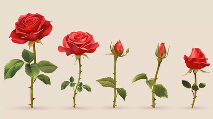 Illustration of the growth and development stages of a beautiful red rose. The growing life cycle of roses