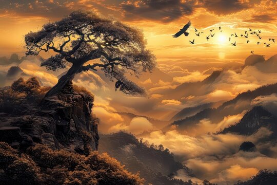 Ancient ecosystem recovery posteruption, new life emerging, sunrise glow