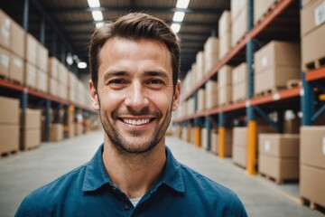 Checklist, smile and portrait of man in warehouse for cargo, storage and shipping.