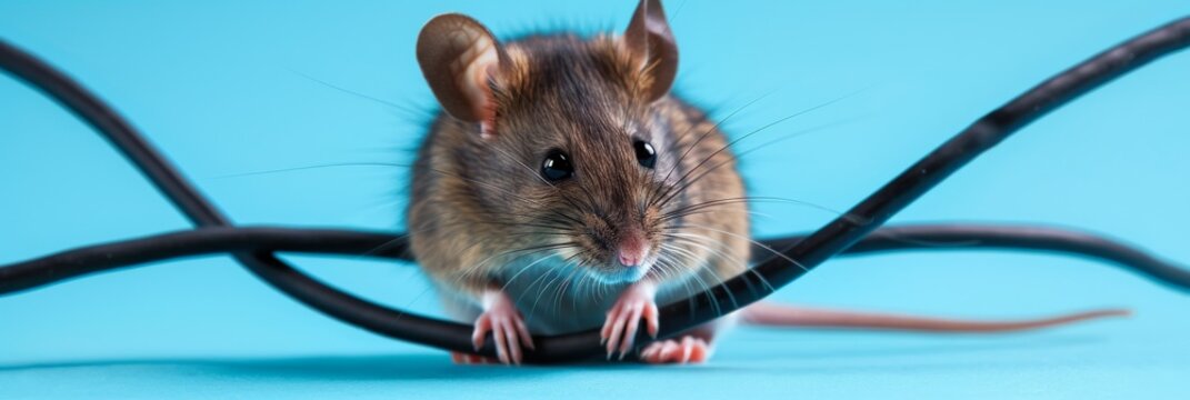 photo a mouse chewing on wires against a light blue background, adding a playful touch.