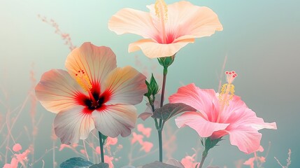Obraz premium Hibiscus flowers, with their full color gradient against a soft background, create a tranquil atmosphere.