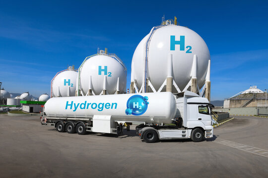 Hydrogen storage sphere and truck. Transportation of hydrogen fuel tanks.
