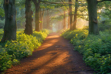 Naklejka premium Tranquil Forest Trail: Sunlight Filtering Through Trees in Peaceful Woodland Setting