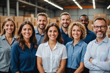 People, warehouse and smile on portrait for teamwork, collaboration and supply chain. Employee, diversity and happy at factory for logistics, manufacturing and delivery or distribution service