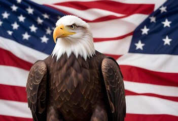 Naklejka premium A bald eagle with a fierce expression perched in front of an American flag, symbolizing American patriotism and national pride