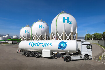 Hydrogen storage sphere and truck. Transportation of hydrogen fuel tanks.