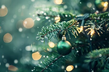 Close-up of a green Christmas ornament hanging on a lush pine branch, adorned with soft lights and gently falling snow.