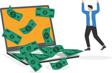 a man in business clothes rejoices at a large amount of money flying out from the laptop screen, profitable online business

