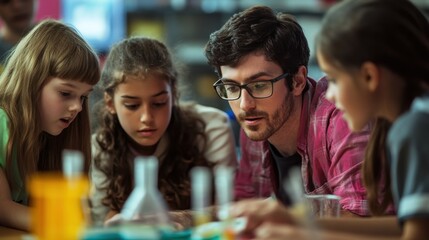 Diverse Group of Students Brainstorming Science Fair Ideas with Teacher in Classroom