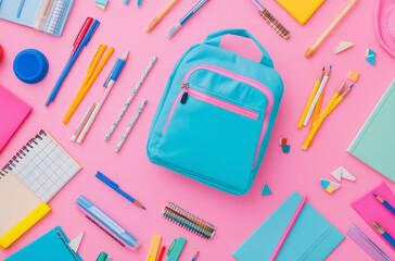 Back to school concept with colorful stationery and backpack on a pink background, laid flat. A top view of books, pens, pencils, markers and other school supplies in an open blue bag isolated on a pa