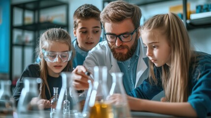 Collaborative Chemistry Experiment in Modern Lab - Teacher and Students Conducting Practical Science Lesson