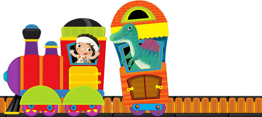 Cartoon funny looking colorful train locomotive wagon with dino dinosaur animal lizard and caveman conductor on tracks isolated illustration for children