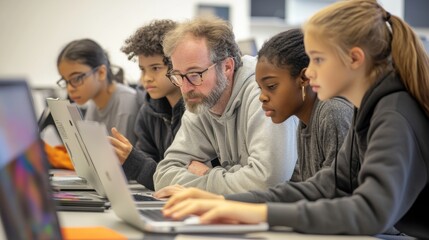 Creative Collaboration: Students and Teacher Working on Digital Media Project