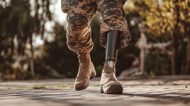 Closeup of military soldier in uniform with prosthetic leg returning from war - Powered by Adobe