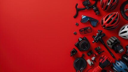 Fototapeta premium Flat lay of cycling accessories on red background.