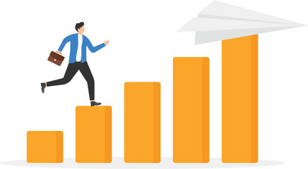 a man in a business suit is running up a diagram to a paper plane, 

