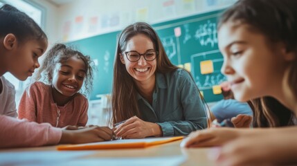 Engaging Math Lesson: Teacher and Students Collaborating in Bright Classroom