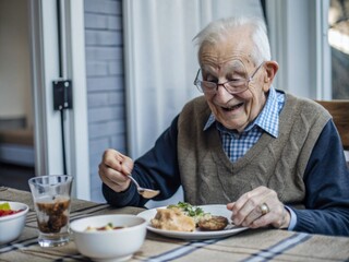 senior person eating breakfast in bed