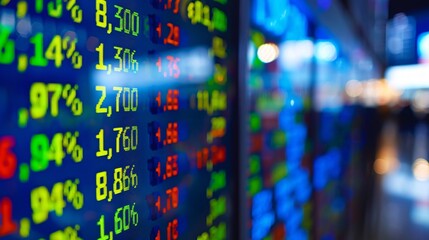 The trading board displays real-time stock prices and percentages in bright colors, reflecting market movements in a bustling financial district