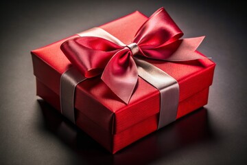 Fototapeta premium Vibrant red gift box wrapped in elegant paper and topped with a luxurious bow, strikingly contrasted against a dramatic dark background, evoking festive sophistication.