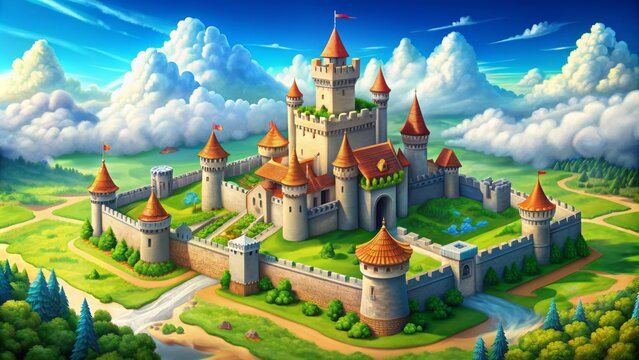 Colorful 3D isometric medieval castle game asset with towers, walls, and battlements set against a bright blue sky with fluffy white clouds and green terrain.