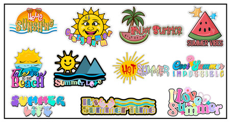 Set of cute summer holiday beach stickers. Hello summer, crazy summer, beach love, summer vibes, beach lettering. Cartoon vector illustration.