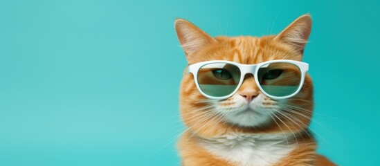 Cool Cat in Sunglasses Against a Turquoise Background