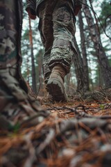 Obraz premium Man in Camouflage Walking Through Woods