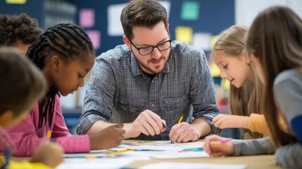 Fototapeta premium Engaged Students and Teacher Collaborating on Math Problem in Classroom Setting