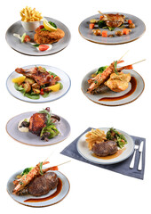 delicious grilled fresh chicken chop beef steak fish fillet seafood meat brown black pepper sauce salad in white plate on brown background premium western cafe halal food menu for restaurant set combo