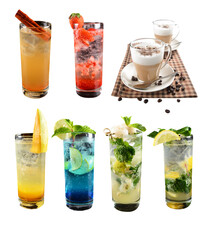 ice cold chilled fres lime fruit honey drink in glass blue island cocktail strawberry lemon beverage mocktail coffee bean mocha halal food menu in white background for cafe set combo crop design group